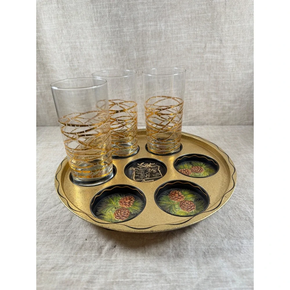 Vintage Oregon Pinecone Coaster Tray Set Gold Metal Barware 1960s MCM